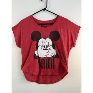 Disney Mickey Mouse Shhh Shirt Women L Red Graphic Hi Low Hem Top
